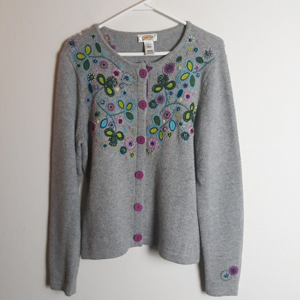 Talbots cardigan floral embroidery crewel design